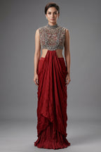 Oxblood Maroon Chinon Silk Draped Indo-Western Dress featuring Cutdana & Crystal Bodice