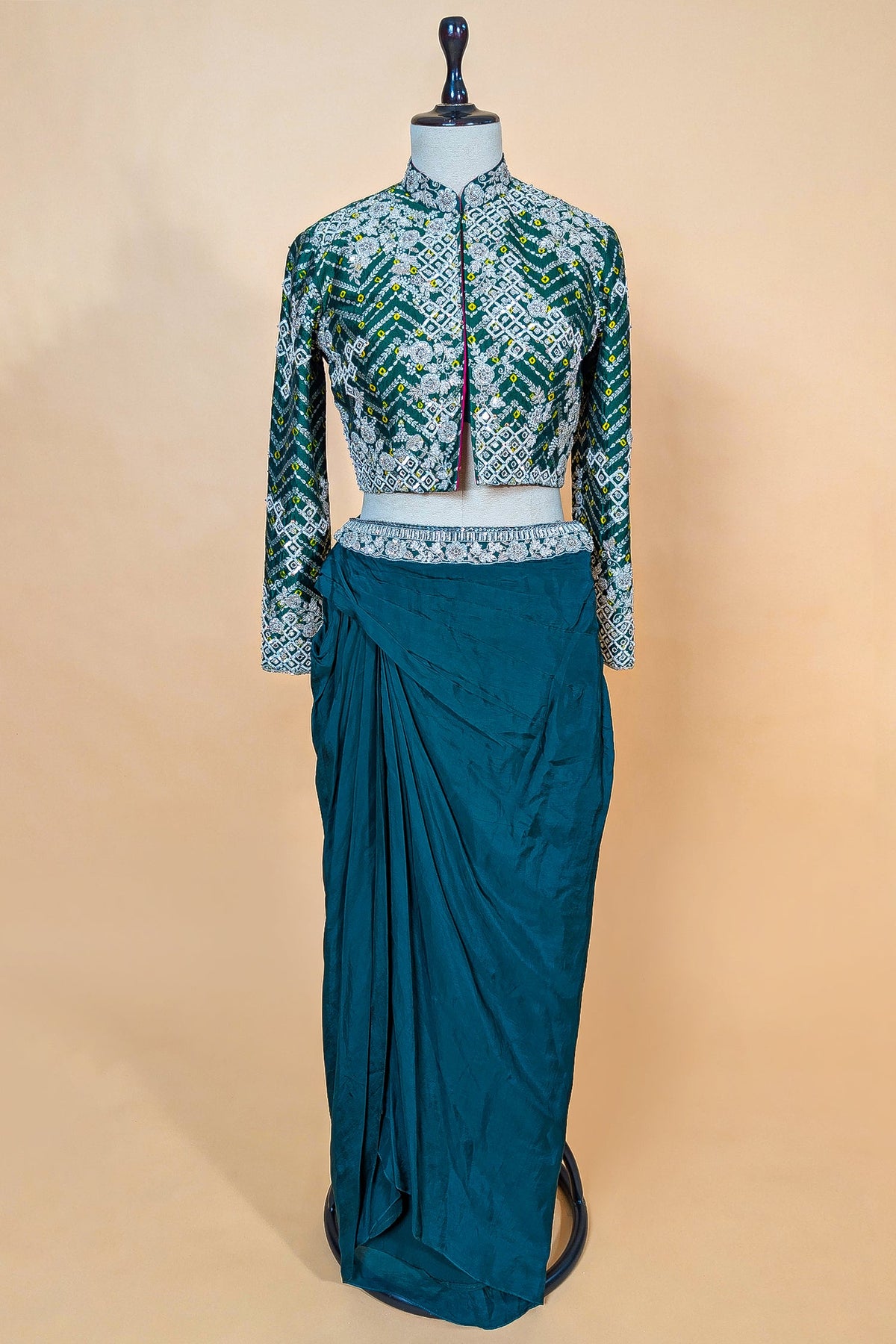Bottle Green Crepe Silk Pre-Draped Cowl Skirt Set with Hand-Embellished Bandhani Weave Jacket Blouse