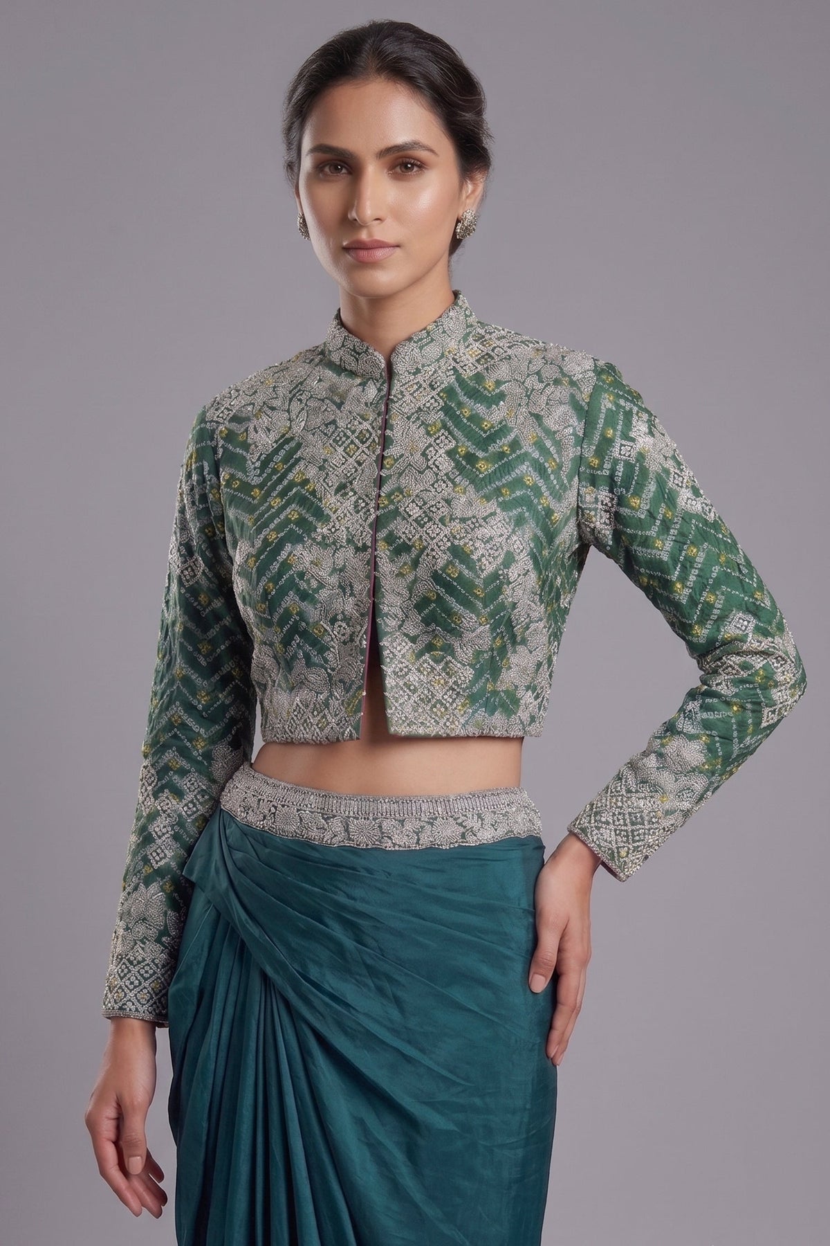 Bottle Green Crepe Silk Pre-Draped Cowl Skirt Set with Hand-Embellished Bandhani Weave Jacket Blouse
