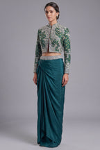 Bottle Green Crepe Silk Pre-Draped Cowl Skirt Set with Hand-Embellished Bandhani Weave Jacket Blouse