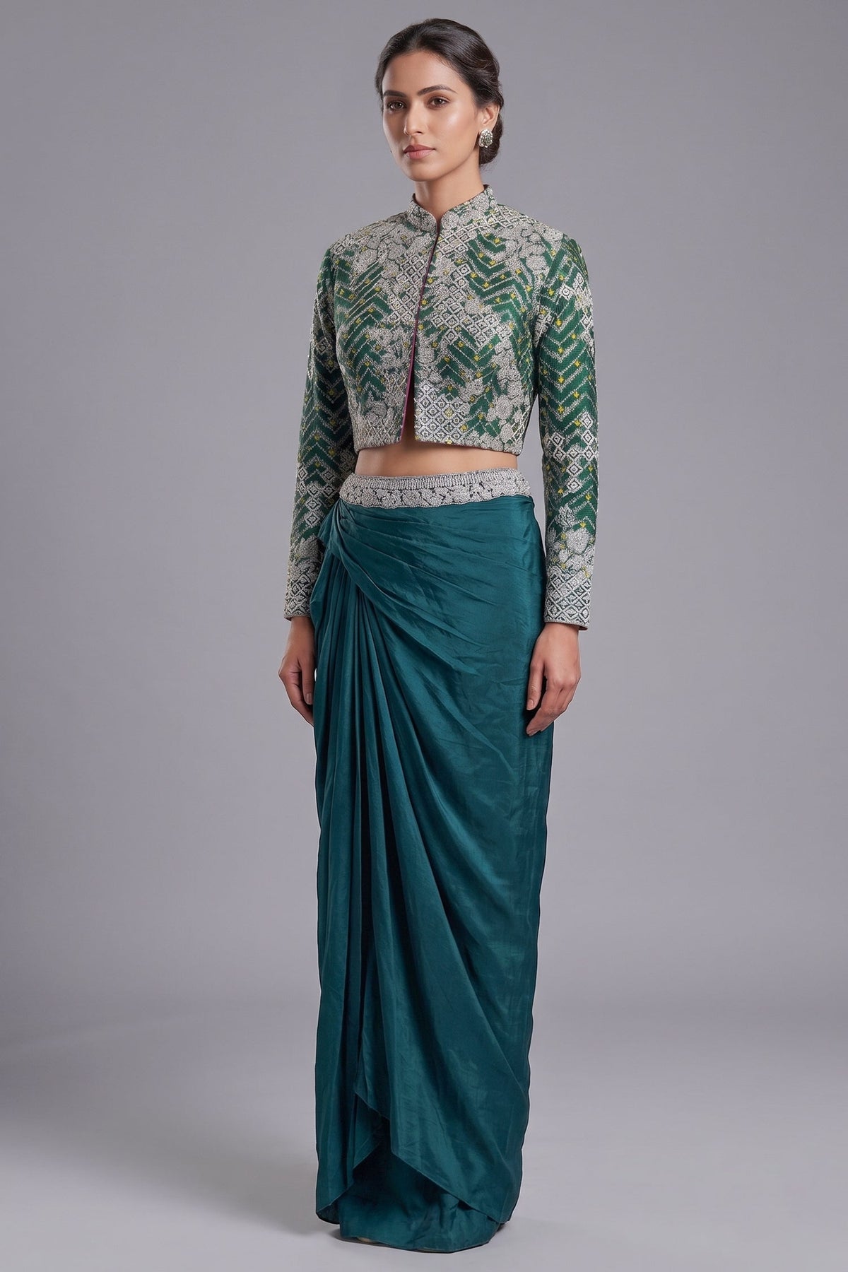 Bottle Green Crepe Silk Pre-Draped Cowl Skirt Set with Hand-Embellished Bandhani Weave Jacket Blouse