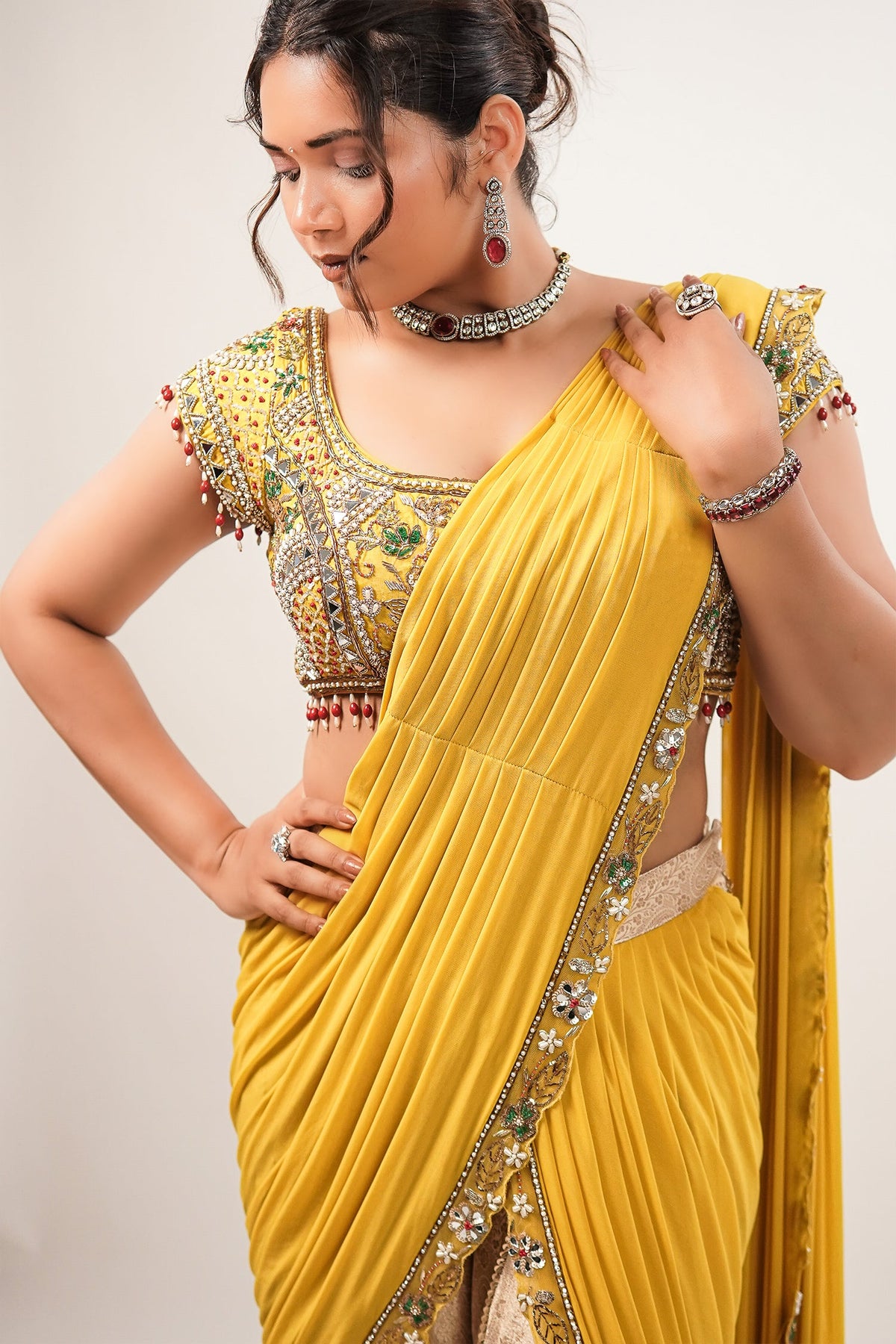 Canary Yellow Hand-Embellished Crop Top with Patchwork Brocade Palazzo and Pre-Stitched Drape