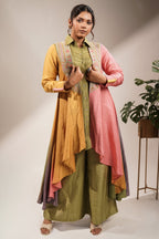 Sage Green Silk Co-ord Set with Multi-Tonal Geometric Embroidered Long Line Cape