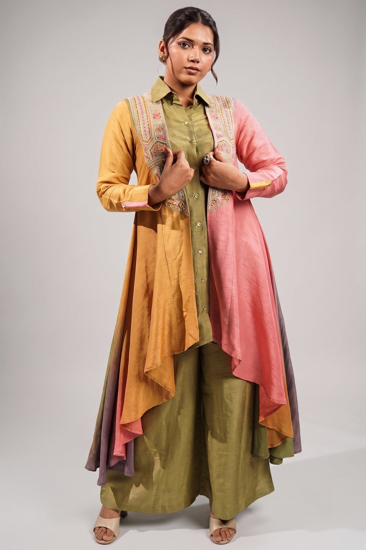 Sage Green Silk Co-ord Set with Multi-Tonal Geometric Embroidered Long Line Cape
