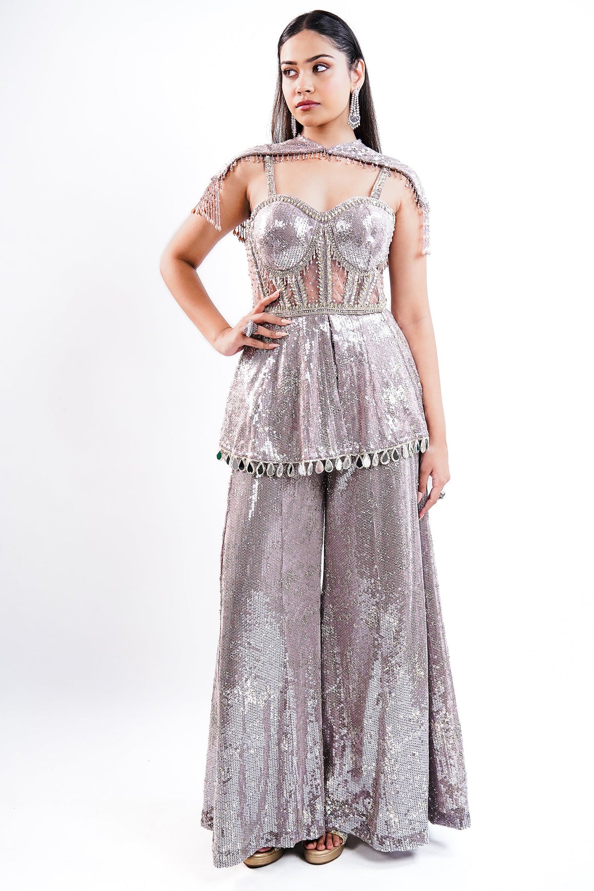 Orchid Mauve High-Density Sequin Sharara Set with Structured Bodice and Attached Fringed Drape