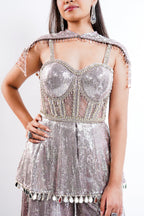 Orchid Mauve High-Density Sequin Sharara Set with Structured Bodice and Attached Fringed Drape