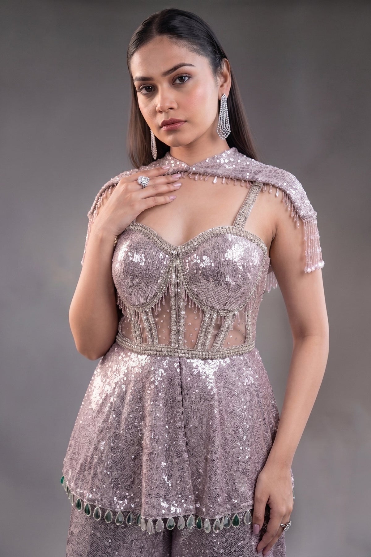 Orchid Mauve High-Density Sequin Sharara Set with Structured Bodice and Attached Fringed Drape