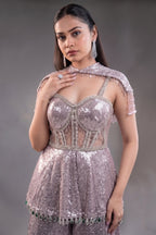 Orchid Mauve High-Density Sequin Sharara Set with Structured Bodice and Attached Fringed Drape