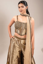 Champagne Gold Tissue Co-ord Set with Heavily Hand-Beaded Bustier and Fluid Sheer Dupatta