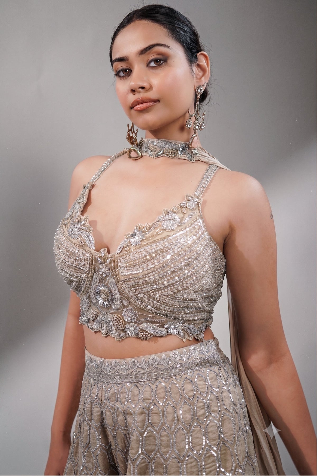 Champagne Beige Embellished Bustier with Sheer Organza Wide-Leg Pants and Sequined Border Dupatta
