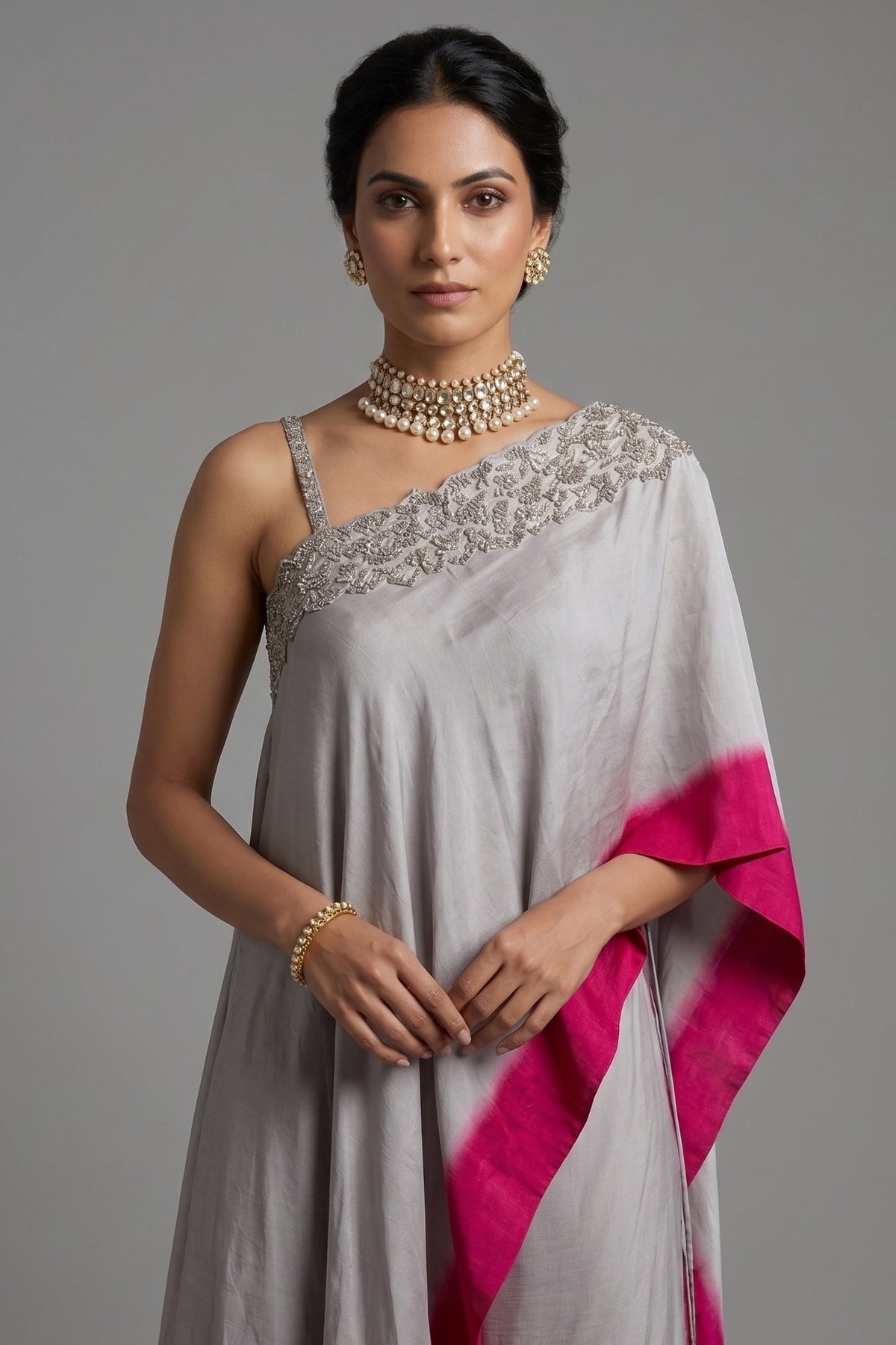 Asymmetrical One-Shoulder Tunic Set in Grey Crepe Silk featuring Pink Tie-Dye Hem and Cutdana Zardosi