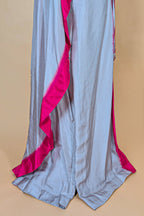 Asymmetrical One-Shoulder Tunic Set in Grey Crepe Silk featuring Pink Tie-Dye Hem and Cutdana Zardosi