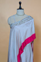 Asymmetrical One-Shoulder Tunic Set in Grey Crepe Silk featuring Pink Tie-Dye Hem and Cutdana Zardosi