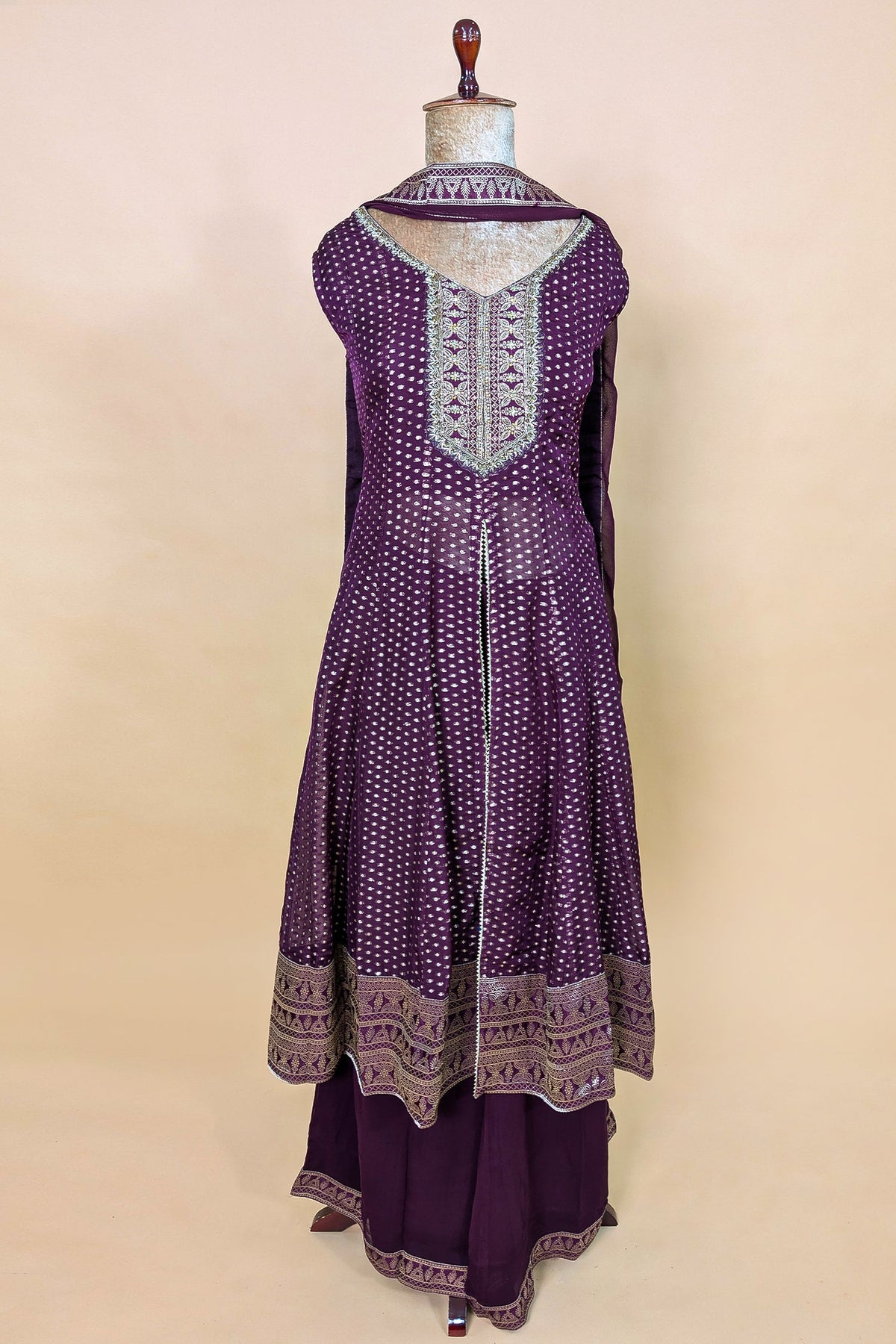 Wine Purple Organza Woven Slit Cut Palazzo Suit with Cutdana Work