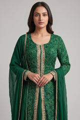 Dark Green Chiffon Georgette Bandhej Work Slit Cut Palazzo Suit