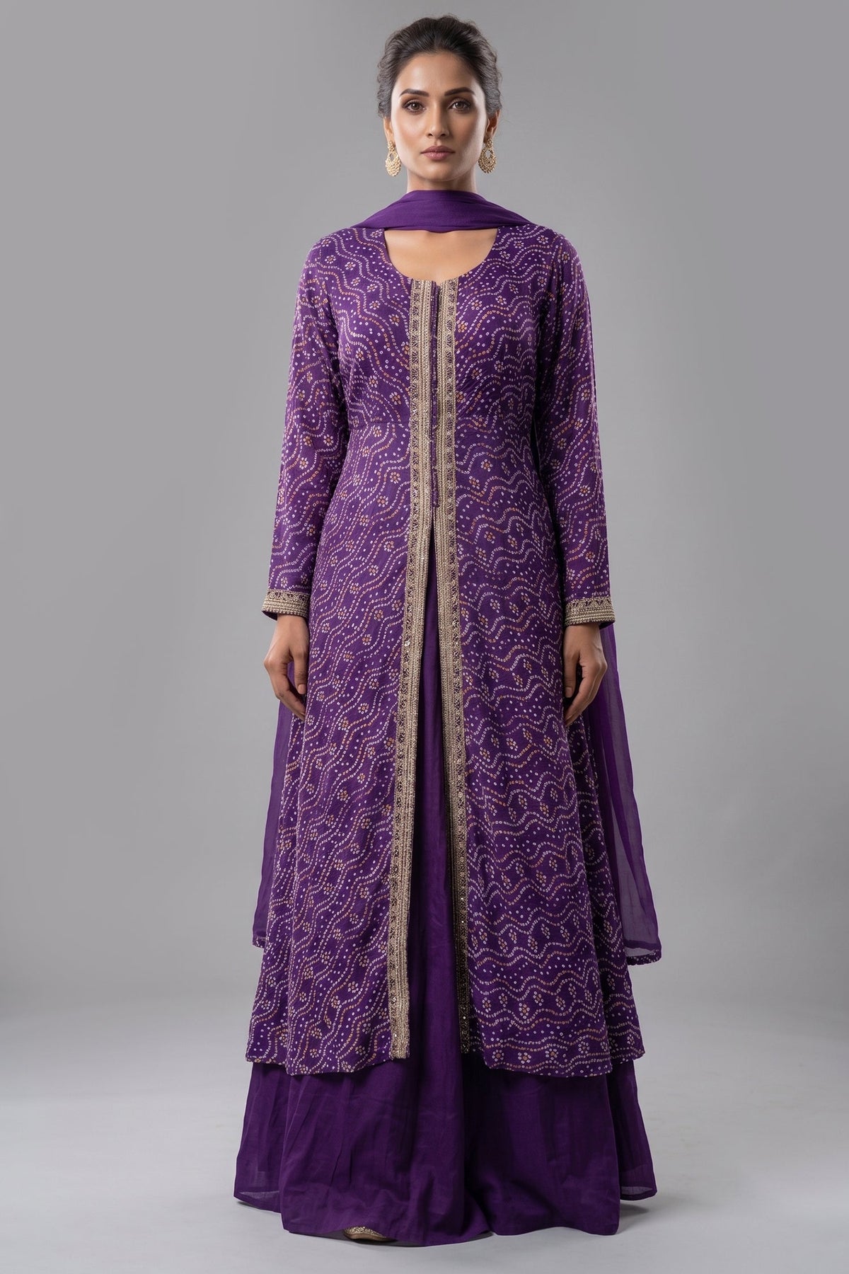 Purple Chiffon Georgette Bandhej Work Slit Cut Palazzo Suit
