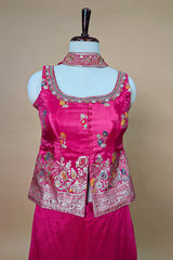 Rani Pink Chinon Silk Woven Palazzo Suit with Mirror Work