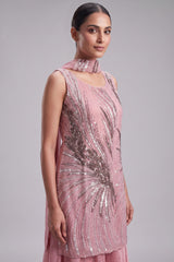 Pink Net Cutdana Sequin Worked Palazzo Suit