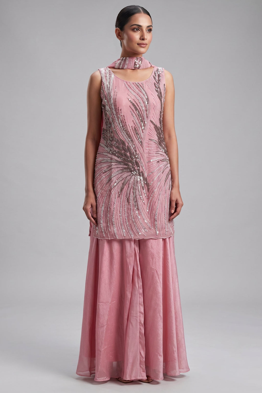 Pink Net Cutdana Sequin Worked Palazzo Suit