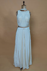 Pearl White Crepe Silk Cutdana Sequin Worked Crop Top Palazzo Set with Dupatta
