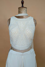 Pearl White Crepe Silk Cutdana Sequin Worked Crop Top Palazzo Set with Dupatta