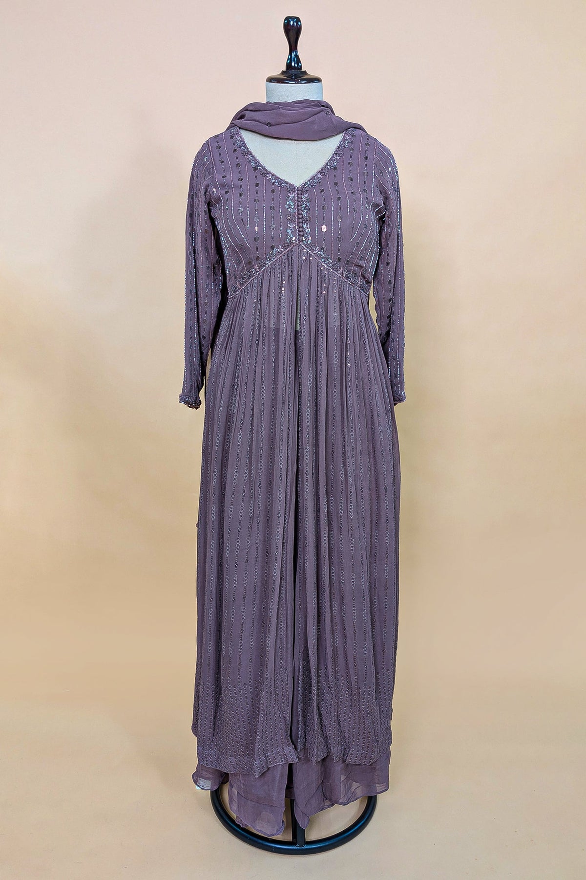 Mauve Georgette Sequin Worked Slit Cut Palazzo Suit