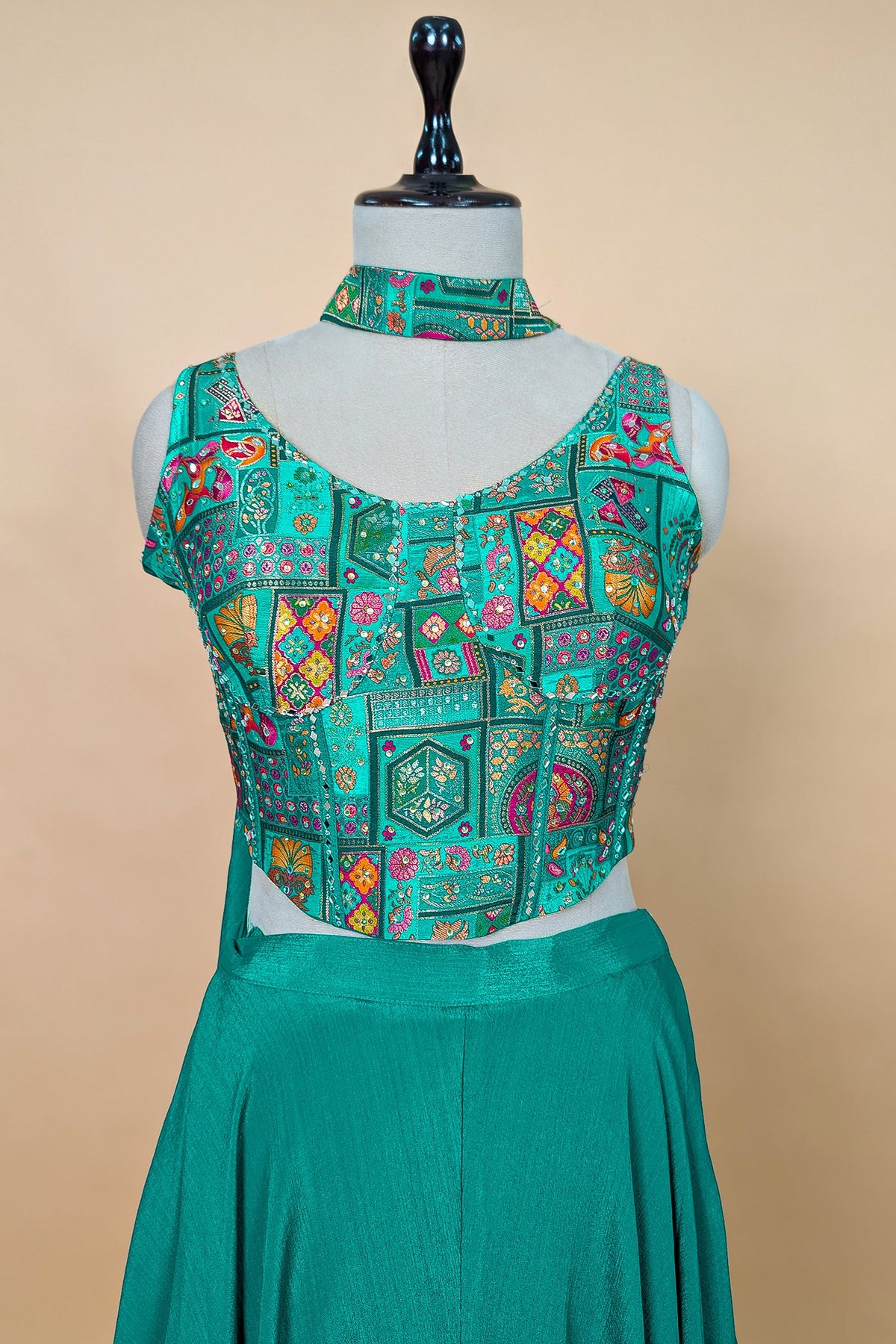 Teal Green Brocade Woven Crop Top Palazzo Set with Dupatta