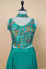 Teal Green Brocade Woven Crop Top Palazzo Set with Dupatta
