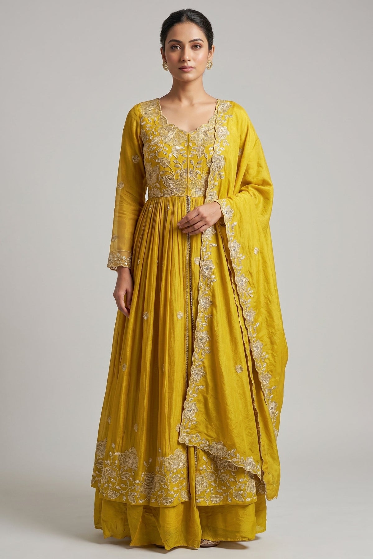 Yellow Chinon Sequinned Slit Cut Lehenga Suit