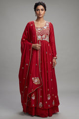 Rani Pink Chiffon Silk Floral Embroidered Slit Cut Lehenga Suit
