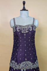Purple Raw Silk Mirror Embroidered Palazzo Suit