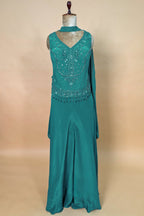 Persian Green Crepe Silk Beaded Crop Top Palazzo Suit