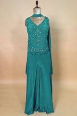 Persian Green Crepe Silk Beaded Crop Top Palazzo Suit