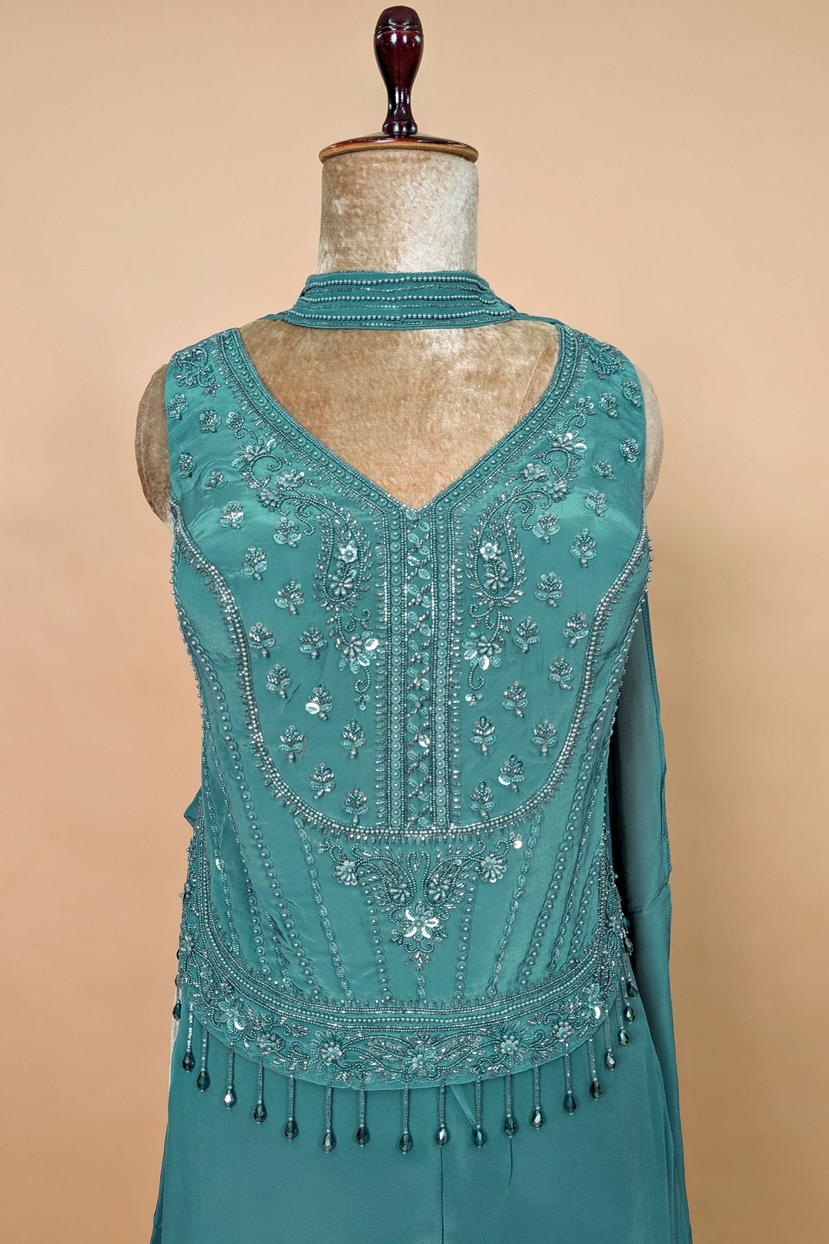 Persian Green Crepe Silk Beaded Crop Top Palazzo Suit