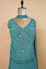 Persian Green Crepe Silk Beaded Crop Top Palazzo Suit