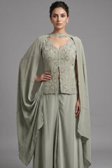 Pista Green Crepe Silk Sequin Beaded Slit Cut Palazzo Suit