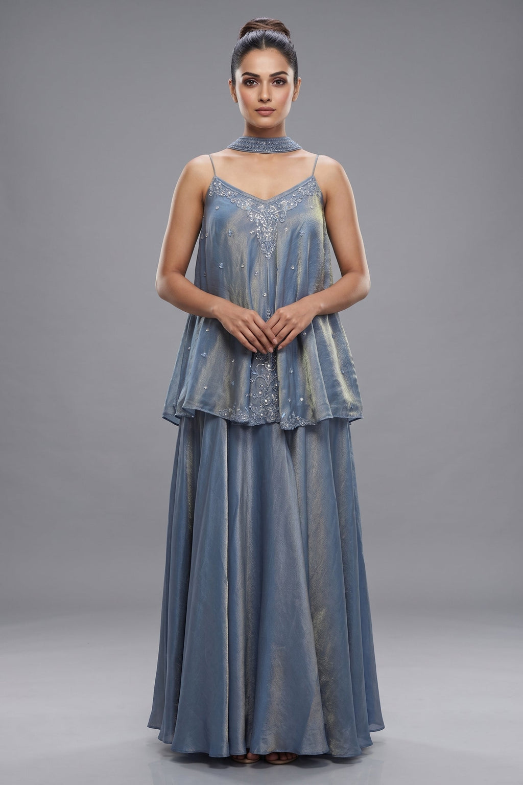 Blue Tissue Silk Cutdana Sequin Worked Palazzo Suit
