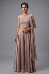 Dusty Pink Chiffon Silk Sequin and Cutdana Worked Crop Top Palazzo Set with Dupatta