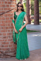 Green Chiffon Georgette Leheriya Saree with Sequin Work Scallop Border