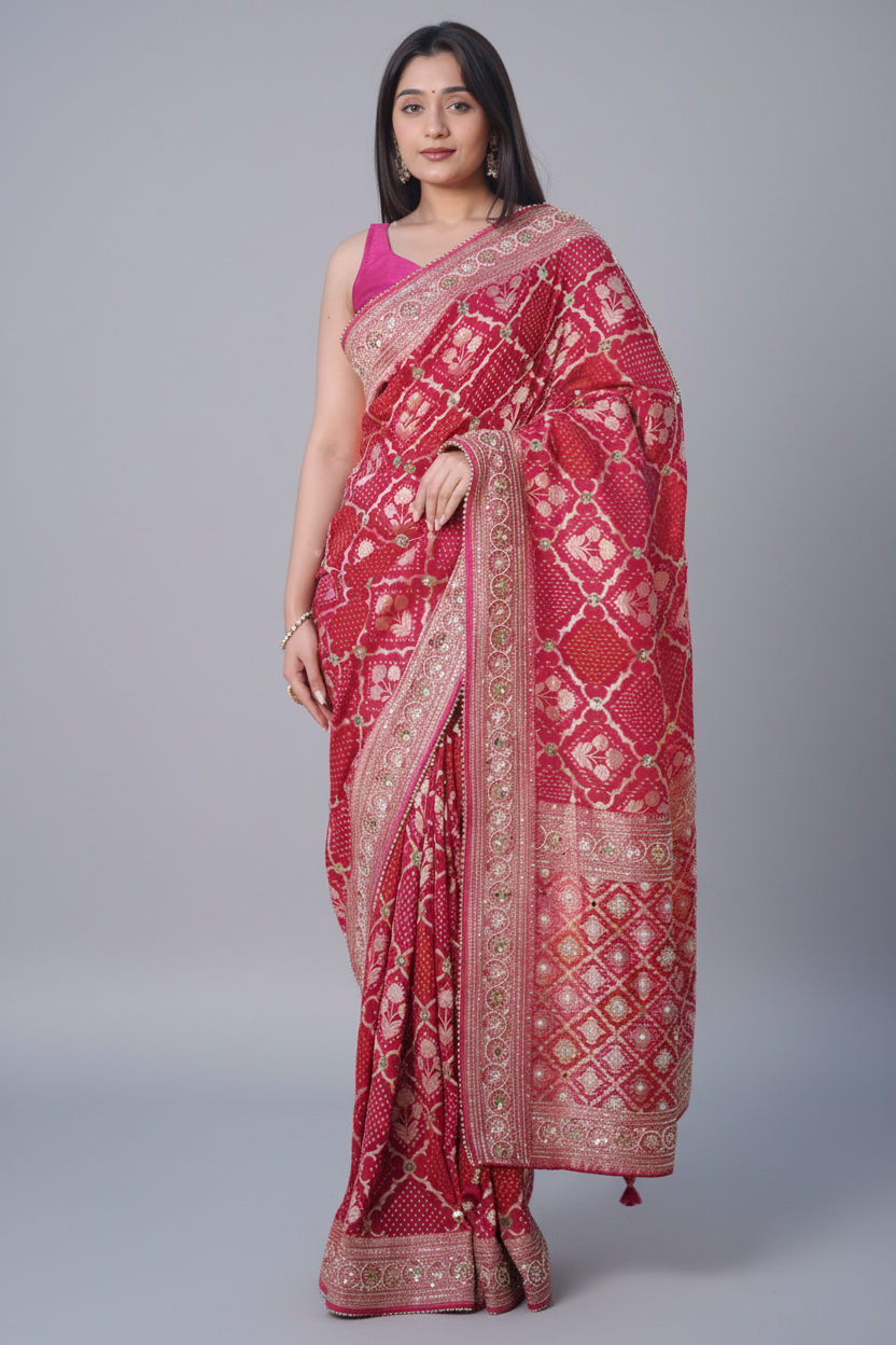 Pink Georgette Floral Woven Checks Saree with Sequin Beaded Work