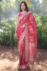 Pink Georgette Floral Woven Checks Saree with Sequin Beaded Work