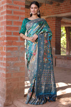 Blue and Multi Colored Modal Silk Woven Saree with Gota and Applique Work