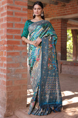 Blue and Multi Colored Modal Silk Woven Saree with Gota and Applique Work