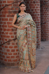 Light Pista Green Modal Silk Pashmina Saree with Mirror and Bead Work