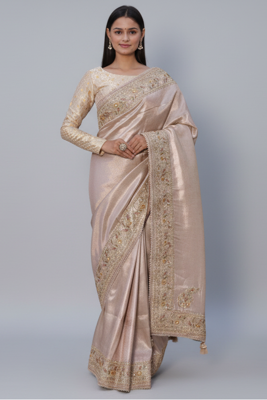 Peach Dola Silk Saree with Sequin Embroidery Border