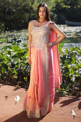 Coral Pink Organza Saree with Kiran Lace Border