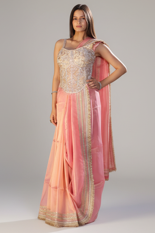 Coral Pink Organza Saree with Kiran Lace Border