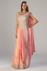 Coral Pink Organza Saree with Kiran Lace Border