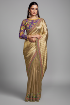 Golden Shaded Tissue Silk Saree with Embroidered Border - red silk saree embroidered