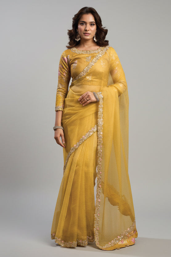 Yellow Organza Silk Saree with Sequin Embroidered Border - red silk saree embroidered Main image